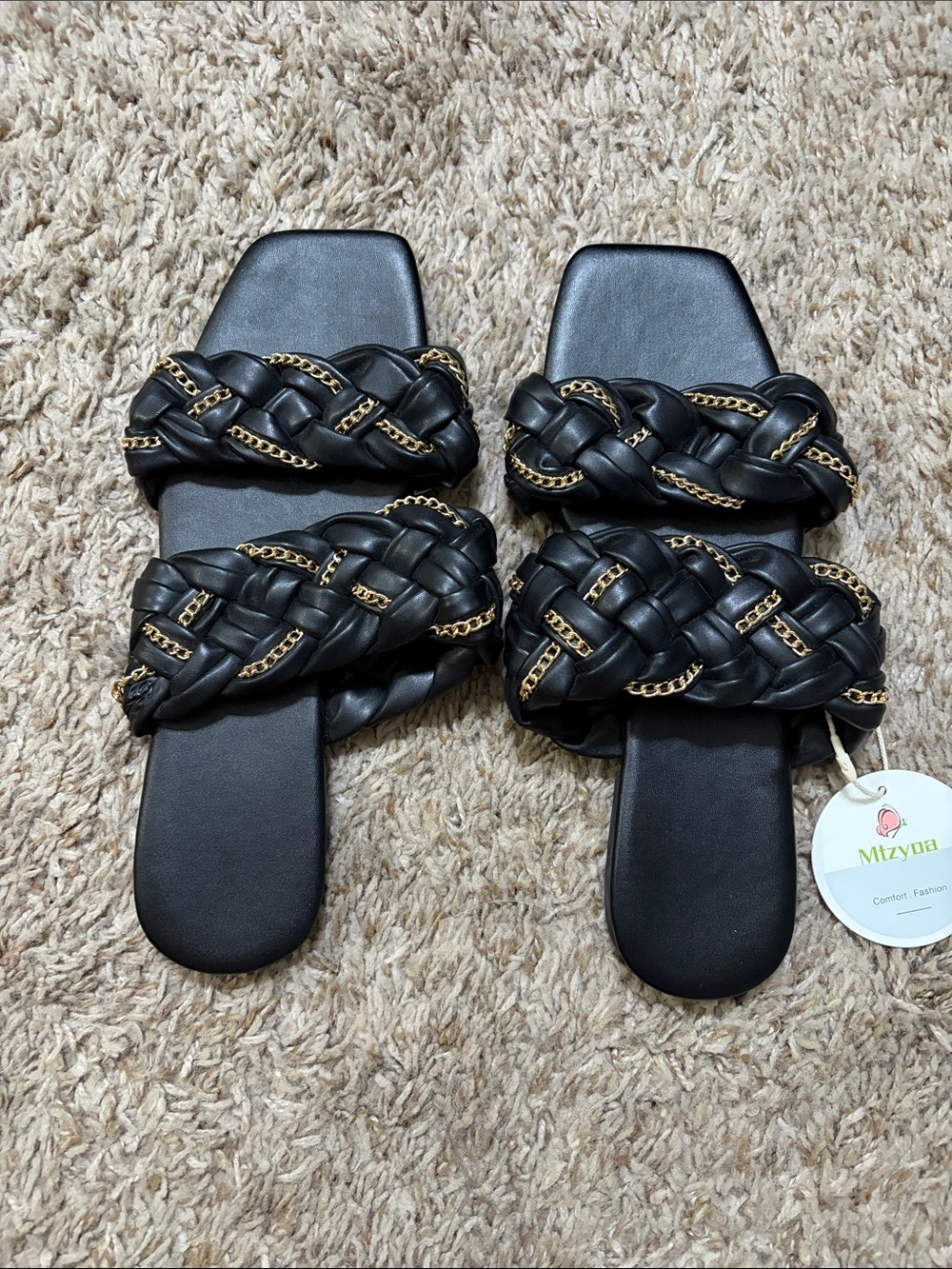 Black Braided Chain-Trim Slide Sandals